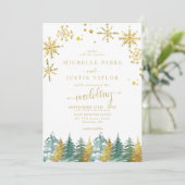 Kerst Goud Groen Woodland Pine Trees Wedding I Kaart (Staand voorkant)