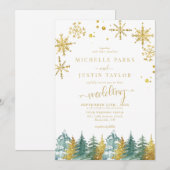 Kerst Goud Groen Woodland Pine Trees Wedding I Kaart (Voorkant / Achterkant)