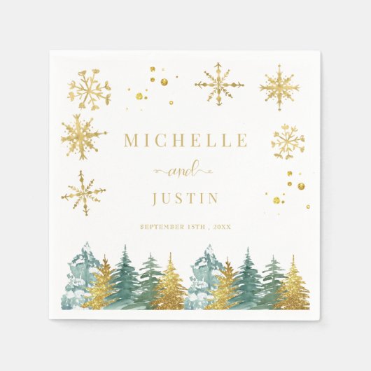 Kerst Goud Groen Woodland Pine Trees Wedding Servet (Voorkant)