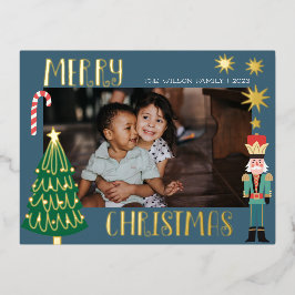 Kerst Goud Kerstman Notenkraker Cute Familie Foto Folie Uitnodiging Briefkaart