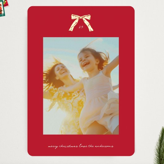 Kerst Goud Rood  Bogen Custom Foto Folie Feestdagenkaart