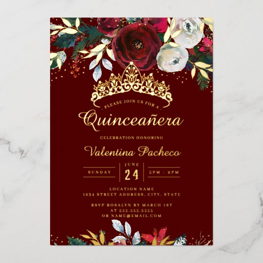 Kerst Goud Rood Feestelijk Blad Quinceanera Folie Uitnodiging (Voorkant)