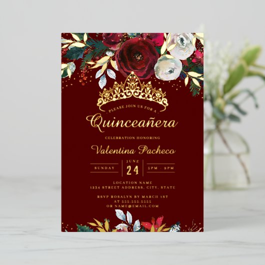 Kerst Goud Rood Feestelijk Blad Quinceanera Folie Uitnodiging (Staand Voorkant)