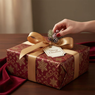 Kerst Goud & Rood Koninklijk Damast Sneeuwvlok Cadeaupapier