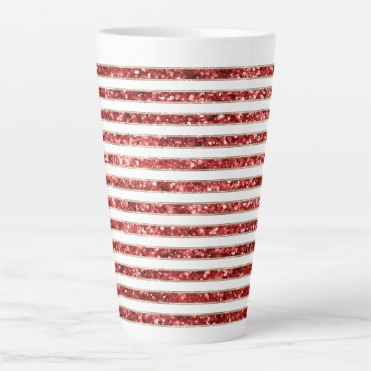 Kerst Goud Rood Wit Glitter Stripes Latte Mok (Voorkant)