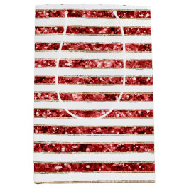 Kerst Goud Rood Wit Glitter Stripes Medium Cadeauzakje