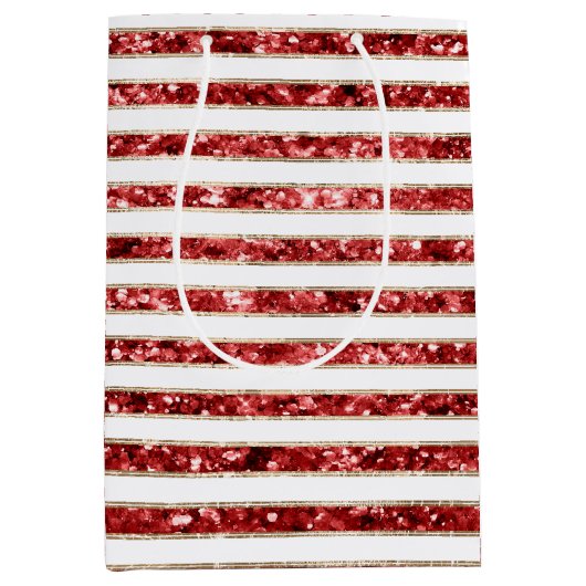 Kerst Goud Rood Wit Glitter Stripes Medium Cadeauzakje (Voorkant)