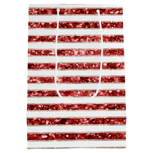 Kerst Goud Rood Wit Glitter Stripes Medium Cadeauzakje (Achterkant)