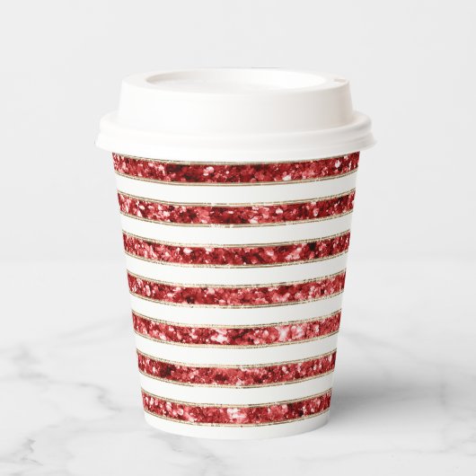 Kerst Goud Rood Wit Glitter Stripes Papieren Bekers (Voorkant)