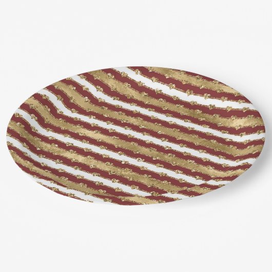 Kerst Goud Rood Witte Strepen Glitter Harten Papieren Bordje (Gekanteld)