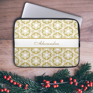 Kerst Goud Sneeuwvlokken Patroon Gepersonaliseerd Laptop Sleeve