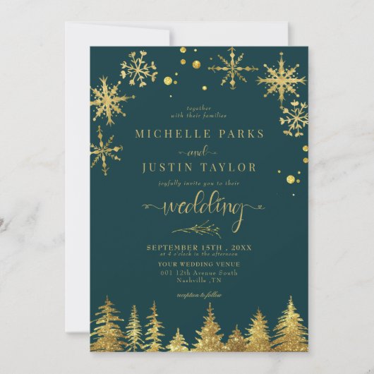 Kerst Goud Woodland Pine Trees Wedding Kaart (Voorkant)