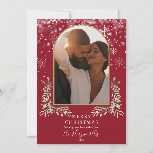 Kerst Gouden Boog Foto Bloemrijke Groen Feestdagenkaart (Voorkant)