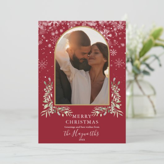 Kerst Gouden Boog Foto Bloemrijke Groen Feestdagenkaart (Staand voorkant)