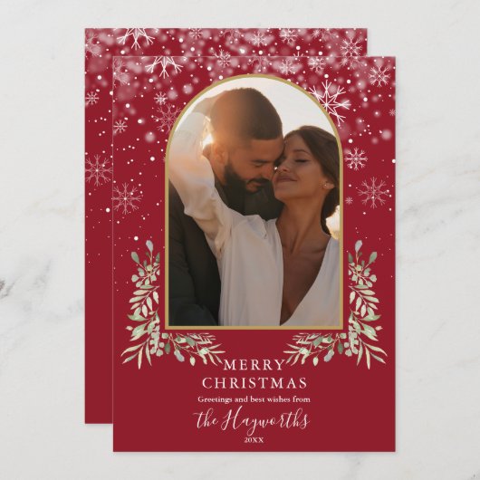 Kerst Gouden Boog Foto Bloemrijke Groen Feestdagenkaart (Voorkant / Achterkant)