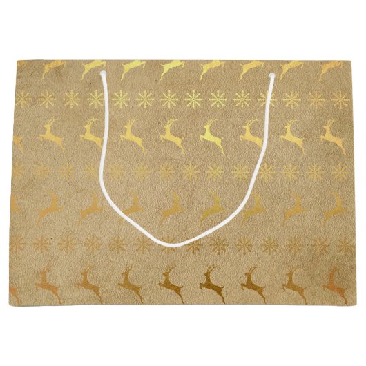 Kerst Gouden Folie Rendieren en Sneeuwvlok Groot Cadeauzakje (Voorkant)