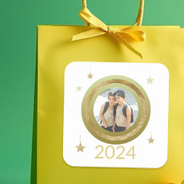 Kerst Gouden Frame Eén Foto Sterren Vierkante Sticker