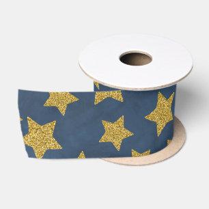 Kerst Gouden Glitter Ster op Waterverf Blauw Satijnen Lint
