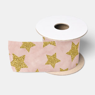 Kerst Gouden Glitter Ster op Waterverf Roze Satijnen Lint