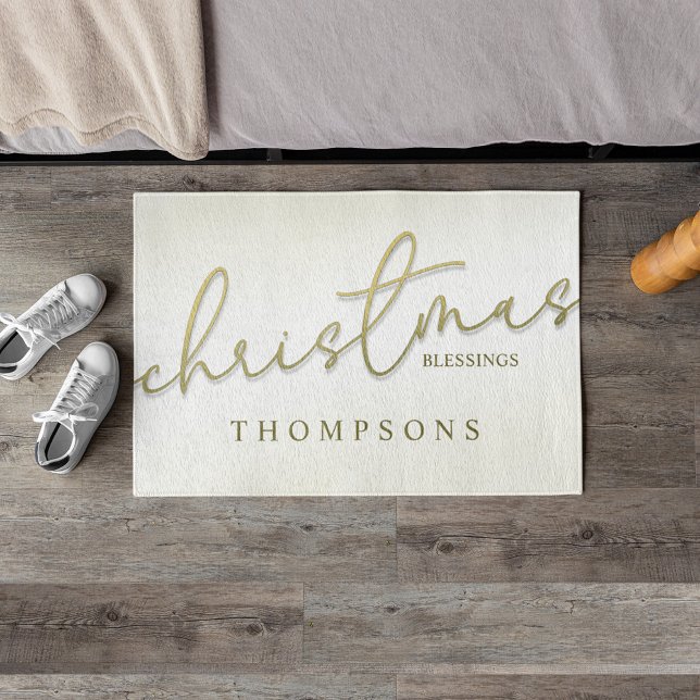 Kerst Gouden Kalligrafie Script Moderne Zegeningen Deurmat (Gold calligraphy script custom doormat)