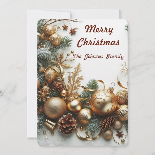 Kerst gouden ornamenten en takken feestdagenkaart (Voorkant)