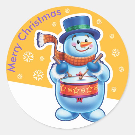 Kerst gouden ronde sticker Snowman drummer. (Voorkant)