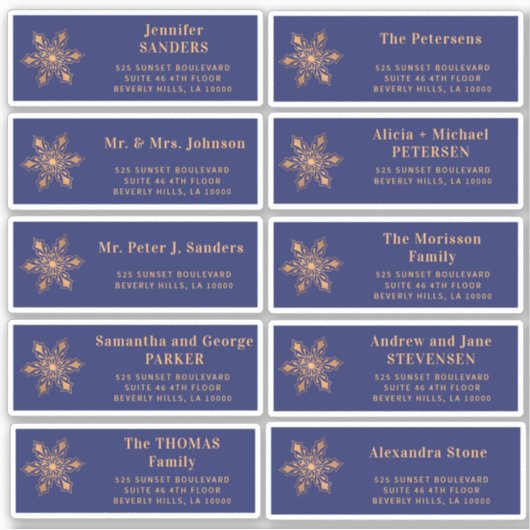 Kerst gouden sneeuwvlok navy gast adresetiketten sticker (Voorkant)