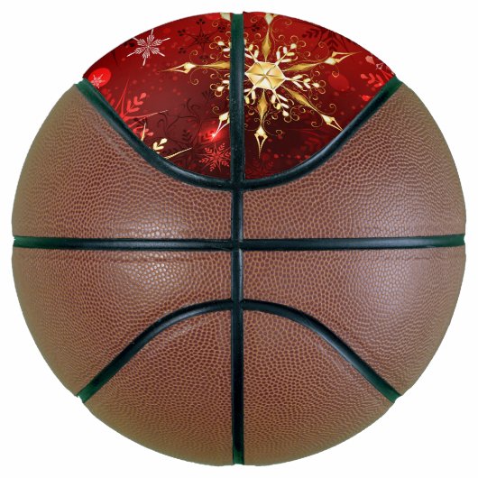 Kerst Gouden Sneeuwvlokken op Rode Achtergrond Basketbal (Rechts)