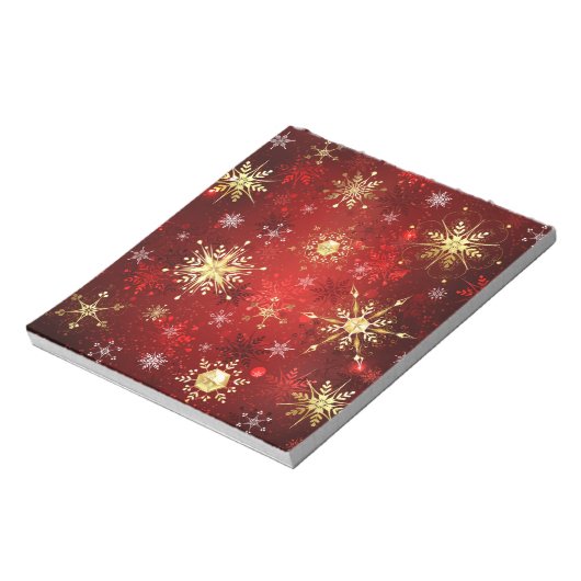 Kerst Gouden Sneeuwvlokken op Rode Achtergrond Notitieblok (Linkerzijde)