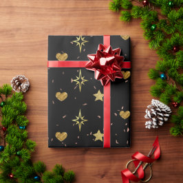 Kerst Gouden Sterren Gouden Harten in Zwarte Patro Cadeaupapier
