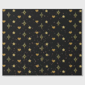 Kerst Gouden Sterren Gouden Harten in Zwarte Patro Cadeaupapier (Vlak)
