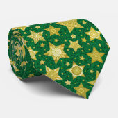 Kerst Gouden Sterren Op Groene Damast Patroon Stropdas (Opgerold)