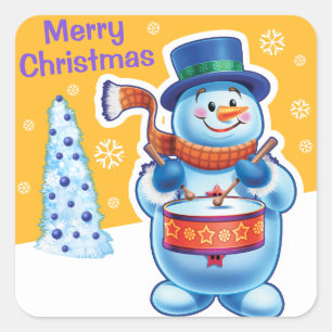 Kerst gouden vierkant sticker Snowman drummer.