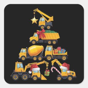 Kerst Graafmachine Bouwtruck Boom Vierkante Sticker