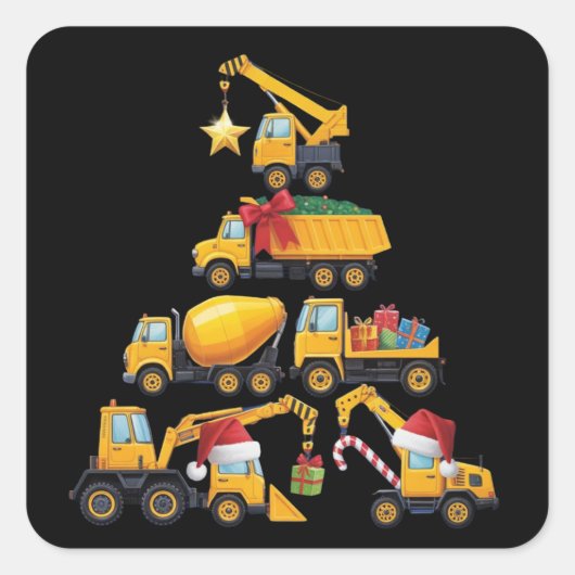 Kerst Graafmachine Bouwtruck Boom Vierkante Sticker (Voorkant)