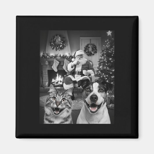 Kerst Grappige Kat Hond Selfie Met Sinterklaas Cu Magneet (Voorkant)