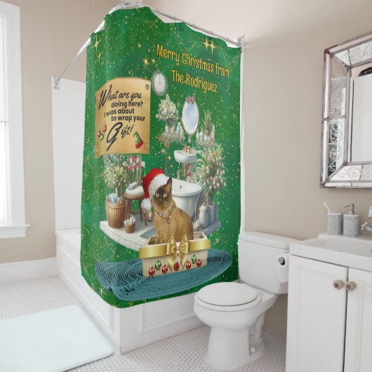 Kerst grappige kat in kattenbak douchegordijn (In situ)