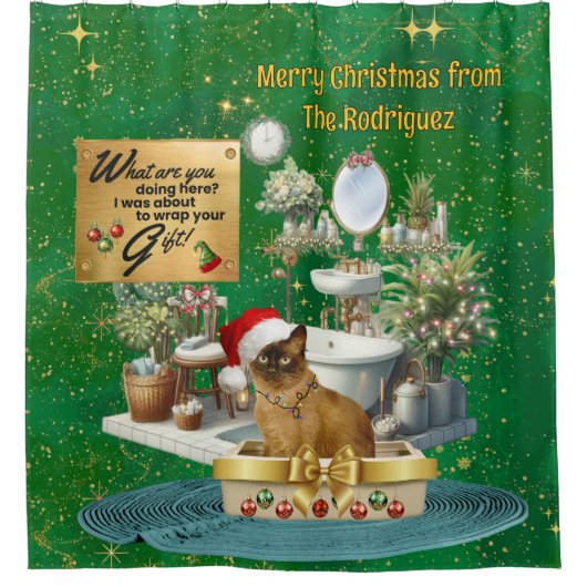 Kerst grappige kat in kattenbak douchegordijn (Voorkant)