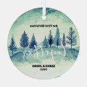 Kerst Green Mountain Pine Trees Outdoor Paar Glas Ornament (Achterkant)