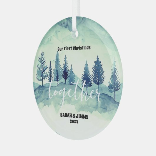 Kerst Green Mountain Pine Trees Outdoor Paar Glas Ornament (Voorkant links)