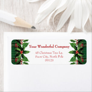 Kerst Green Plaid en Holly teruggave Etiket