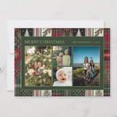 Kerst Green Plaid Familie Vier Fotocollage Feestdagenkaart (Voorkant)