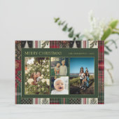 Kerst Green Plaid Familie Vier Fotocollage Feestdagenkaart (Staand voorkant)