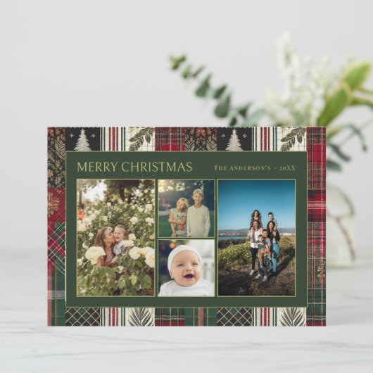 Kerst Green Plaid Familie Vier Fotocollage Feestdagenkaart (Staand voorkant)