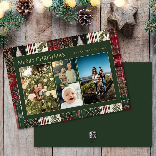 Kerst Green Plaid Familie Vier Fotocollage Feestdagenkaart