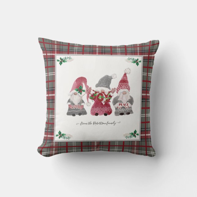 Kerst Grey Plaid Gnome Love Joy Peace Holly Kussen (Voorkant)