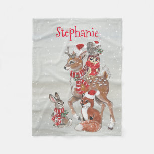 Kerst Grijs Winter Woodland Dier Herten Naam Fleece Deken
