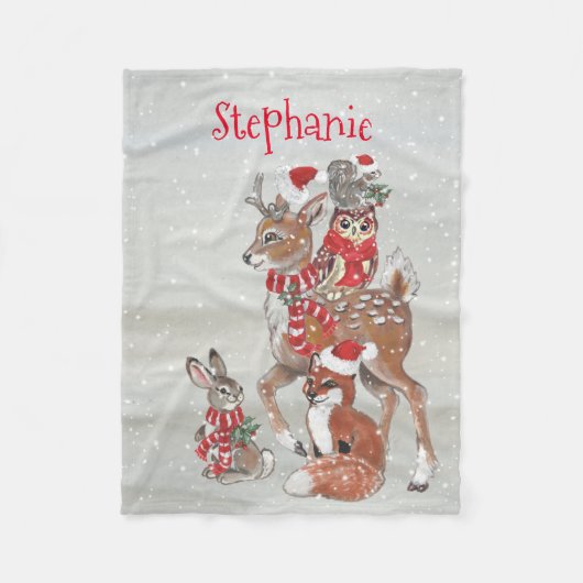 Kerst Grijs Winter Woodland Dier Herten Naam Fleece Deken (Voorkant)