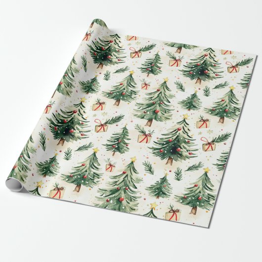 Kerst grillige pijnbomen patroon cadeaupapier (Uitgerold)