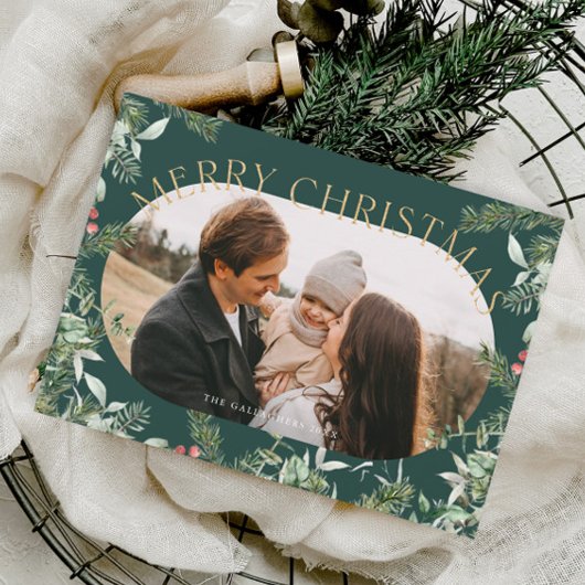 Kerst groen bladeren goud glitter foto feestdagenkaart